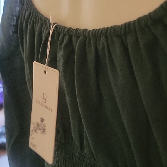 Women’s Dark Green Long Sleeve Smocked Mini Dress - Picture 5 of 6